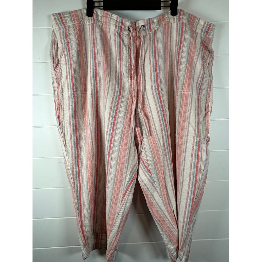 Per Se Womens 3X Linen Blend Striped Cropped Pants Coral Blue Grannycore Cottage